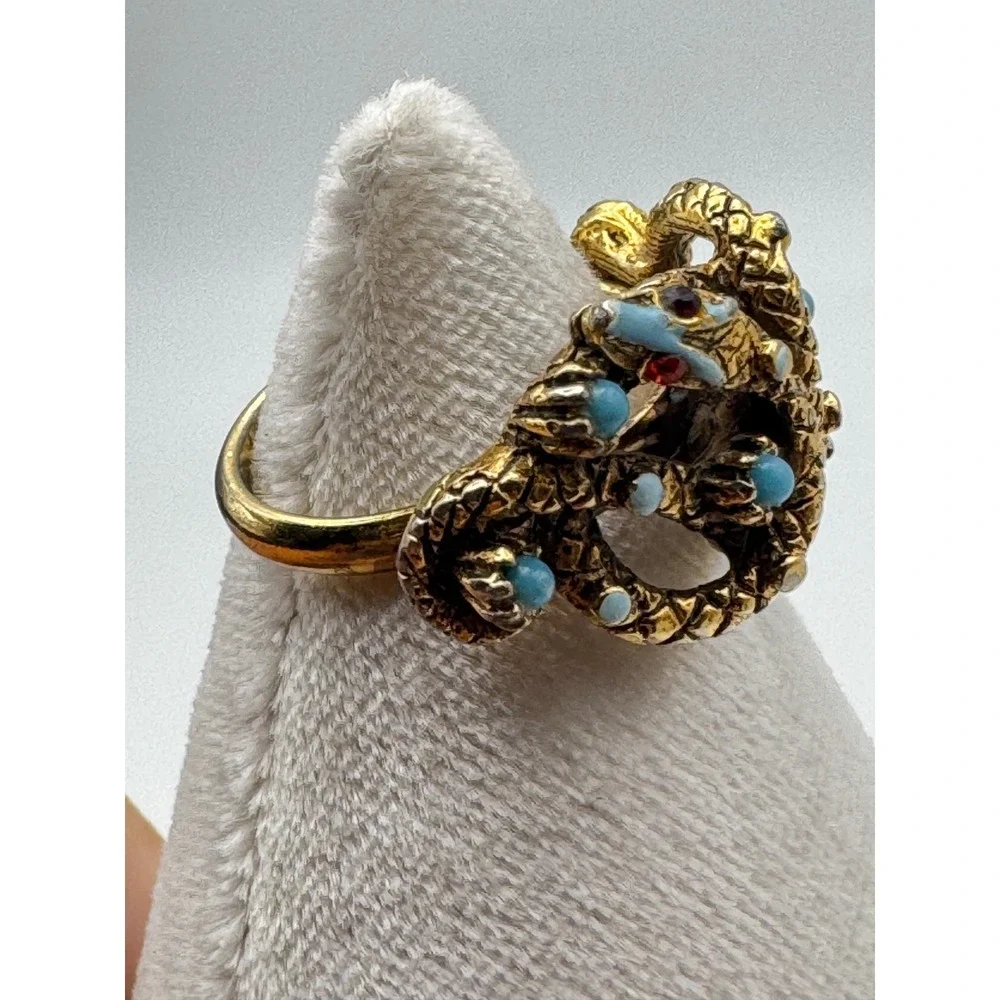 Vintage ART Snake Ring Gold Tone Double Headed Blue Enamel Bypass Serpent READ